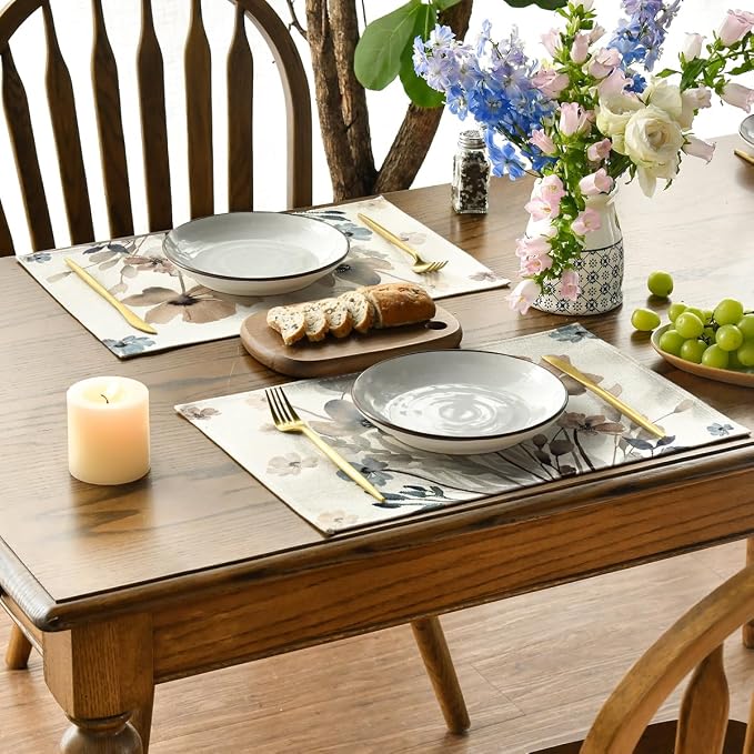 Artoid Mode Brown Poppy Floral Leaves Fall Placemats Set of 4, 12x18 Inch - Image 3