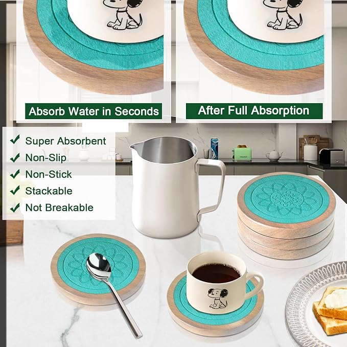 Wood Coasters for Drinks, Minacun Absorbent Coaster Sets of 5, Drinks Coasters - Image 4