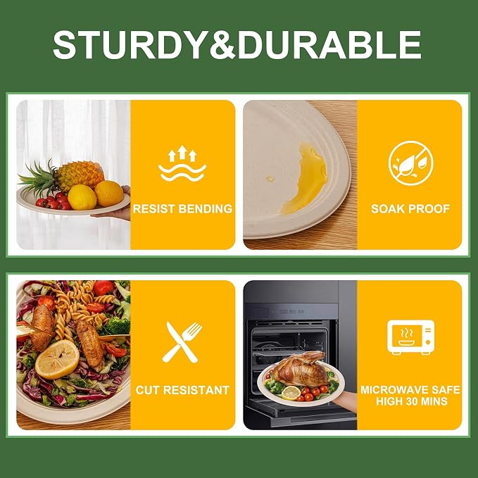 WELLIFE 100% Compostable Oval Paper Plates 12 Inch 125-Pack Large Plates | - Image 2