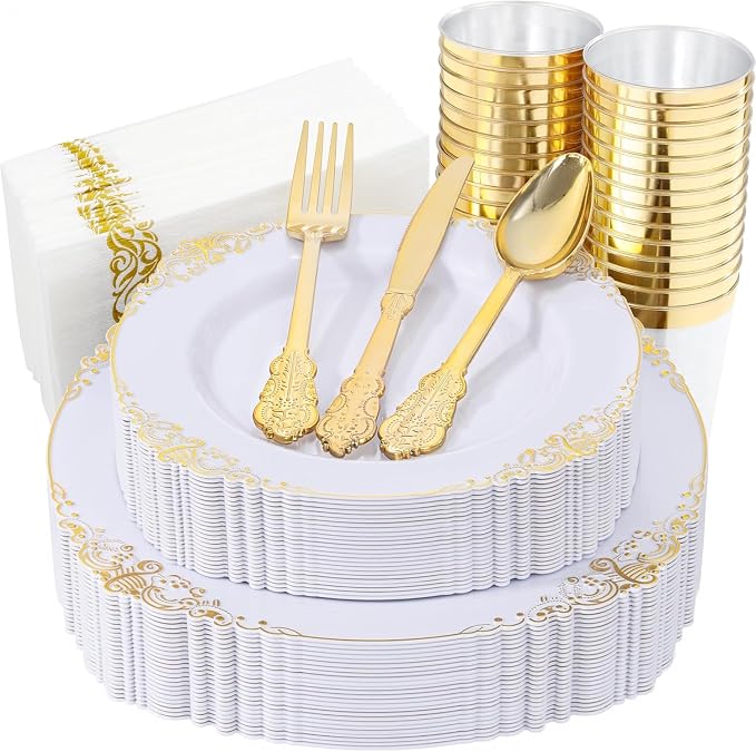 Nervure 175Pcs White and Gold Plastic Plates, Dinnerware Set by Nervure