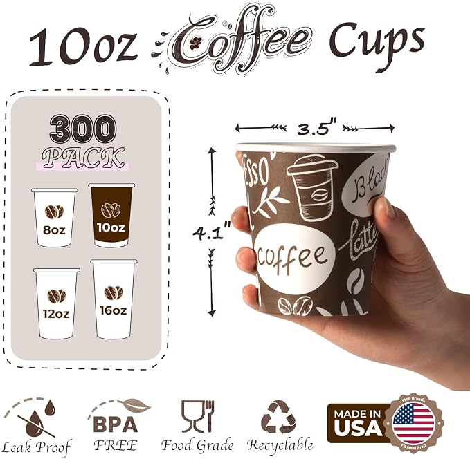 Fit Meal Prep 10 oz Coffee Cups 300 Count, Leak-Proof Hot Cup, Disposable Paper - Image 2