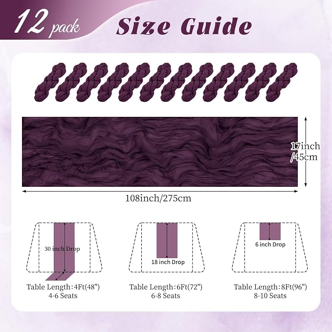 12 Pack Dark Purple Cheesecloth Table Runner 17x108 Inch Semi Sheer Boho Gauze - Image 2