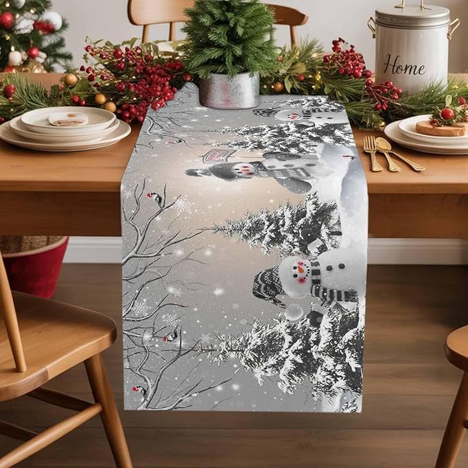 Christmas Snowman Table Runners 120 Inches Long, Cotton Linen Fabric Snowflake - Image 5