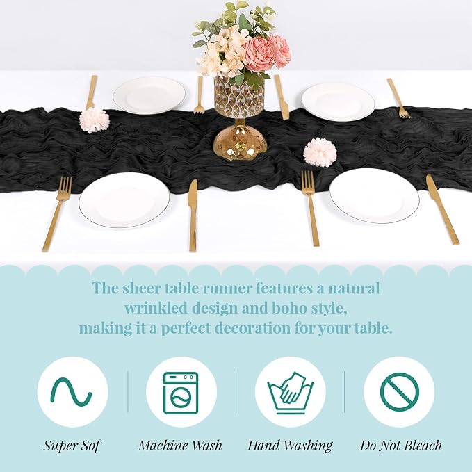 6 Pack Black Cheesecloth Table Runner, 17 x 108 Inch, Gauze Cheese Cloth Table - Image 5