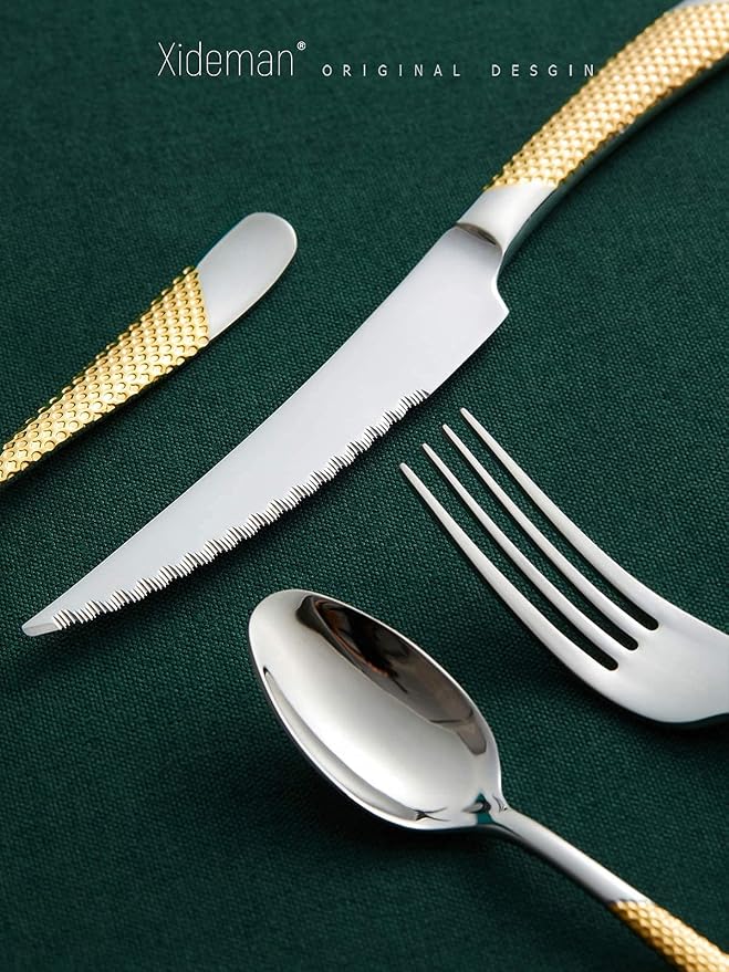 Xideman® 16-Pc Gold Silver Hammered 18/10 Stainless Steel Silverware Set | - Image 7