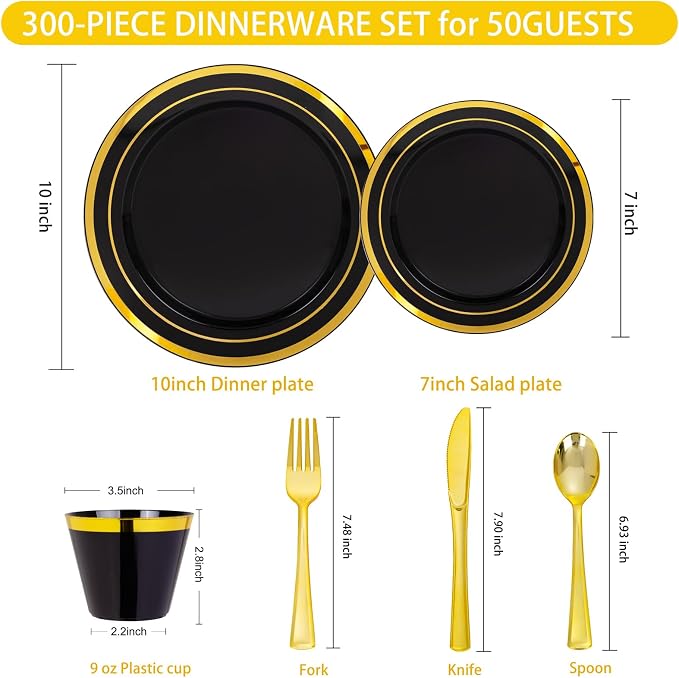 WELLIFE Black and Gold Plates, Plastic Dinnerware Set - Image 2