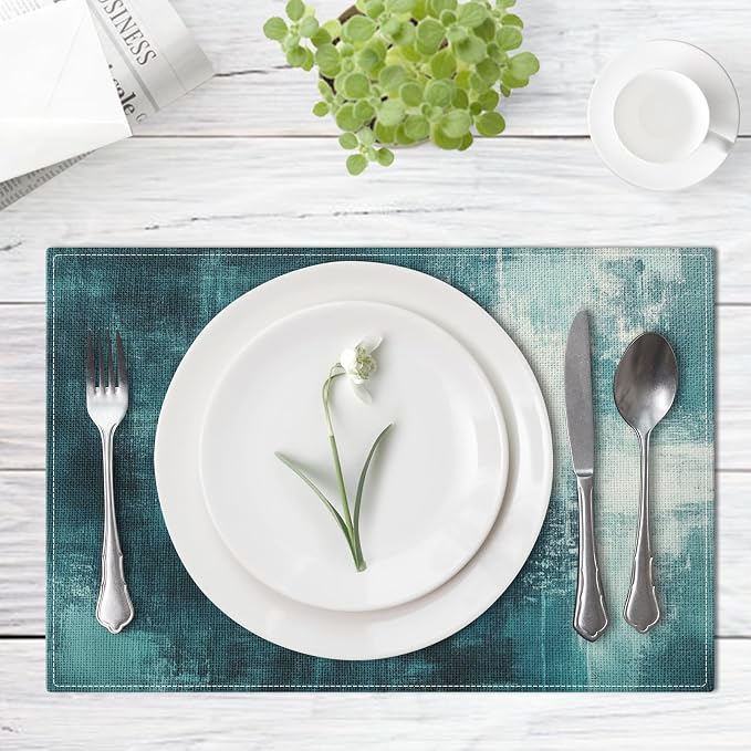 Emvency Farmhouse Placemats Set of 4, 12x18 Inch, Teal and White | Vintage - Image 4
