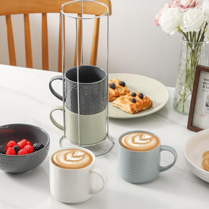 HASENSE Coffee Mugs with Metal Stand, 15 oz Ceramic Stackable Mug Set Embossed - Image 5