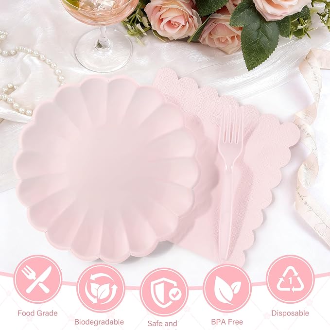 75 Pcs Pink Paper Plates and Napkins Disposable Tableware Set Include Light - Image 4