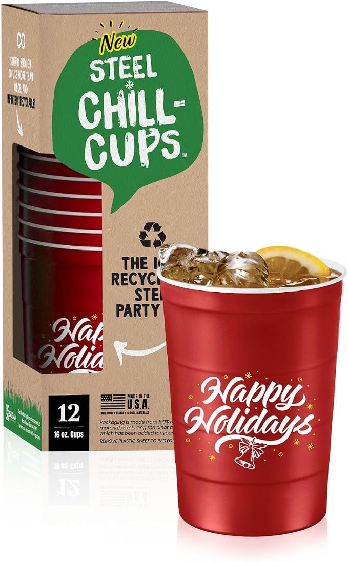 Steel Chill Cups 16 oz. Reusable Party Cups, Happy Holidays, 100% recyclable by SteelChillCups