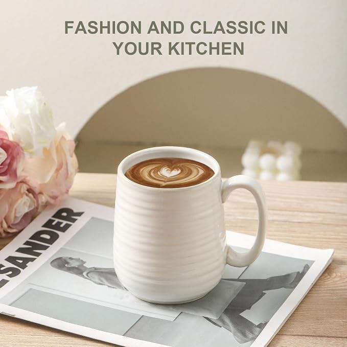 HASENSE Coffee Mugs, 15oz Ceramic Coffee Cups Set of 4, Clay-Infused White | - Image 3