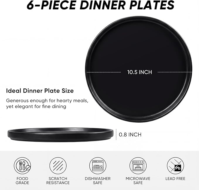 E-far Dinner Plates Set of 6, 10.5 Inch Stoneware Dinner Plate, Chip & Scratch - Image 2