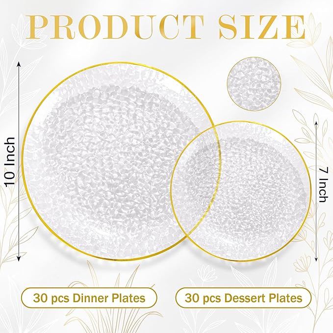 Rubtlamp 60Pcs Clear Plastic Plates, Heavy-duty Gold Plates, Hammered Party - Image 2