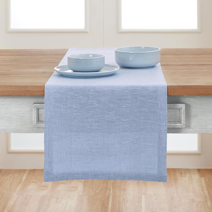 Solino Home 100% Pure Linen Table Runner Chambray Blue, Athena 14 x 156 in | - Image 2
