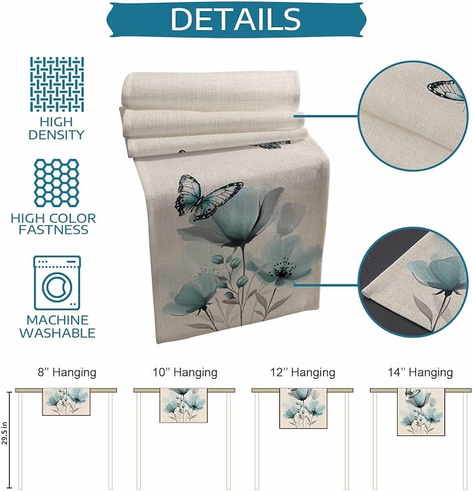 Turquoise Floral Table Runners 72 Inches Long, Spring Flowers Butterfly Table - Image 8