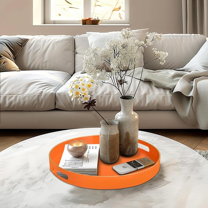 13" Orange Decorative Tray, Plastic Round Serving Tray - Image 6