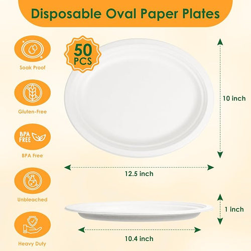 100% Compostable Oval Paper Plates, 12.5Inch 50Pack Disposable Heavy Duty - Image 2