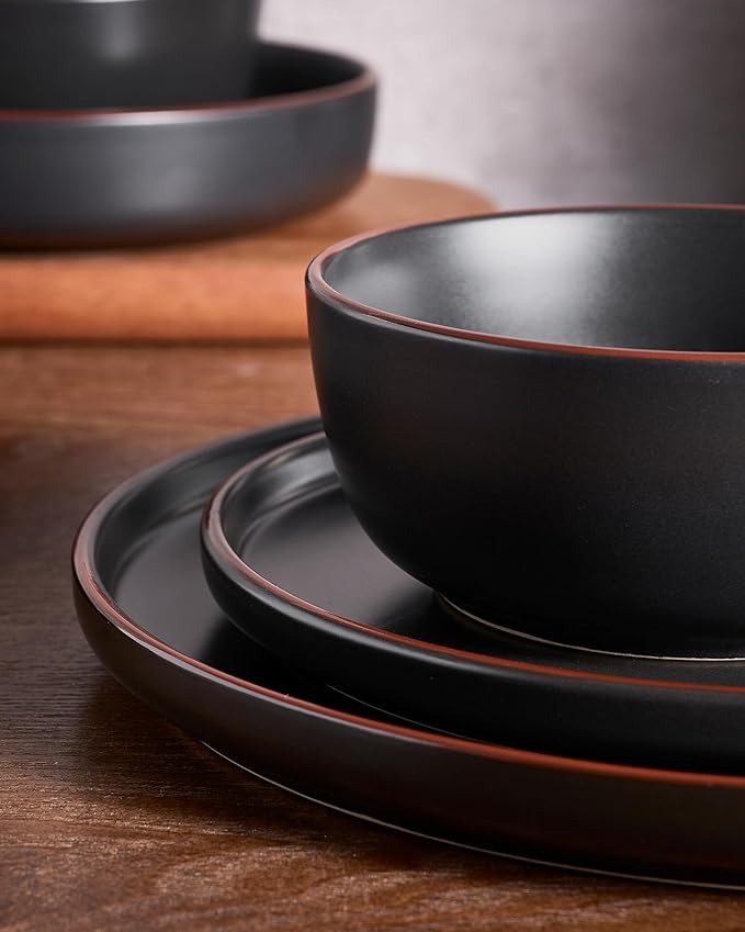 Famiware Mercury 16-Piece Stoneware Plates and Bowls, Matte Black | Dinnerware - Image 4