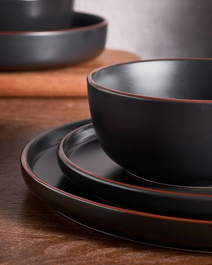 Famiware Mercury 24-Piece Stoneware Plates and Bowls, Matte Black | Dinnerware - Image 3