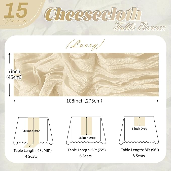 15 Pack Ivory Cheesecloth Table Runner 17 x 108 inch Cheese Cloth Table Runners - Image 2