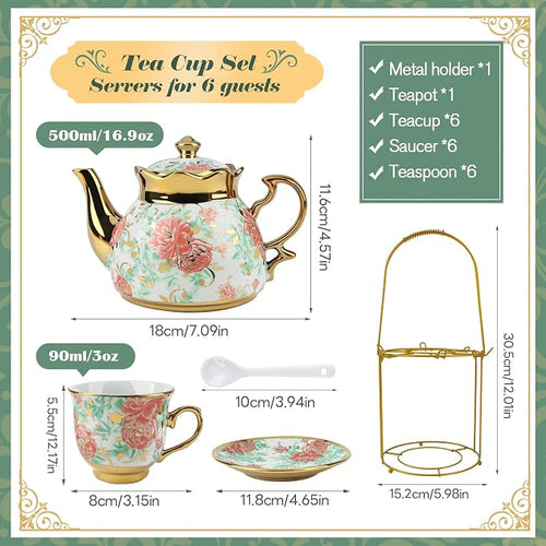 20 Pcs Porcelain Tea Set with Metal Holder, Adult Tea Set Gift, European - Image 2