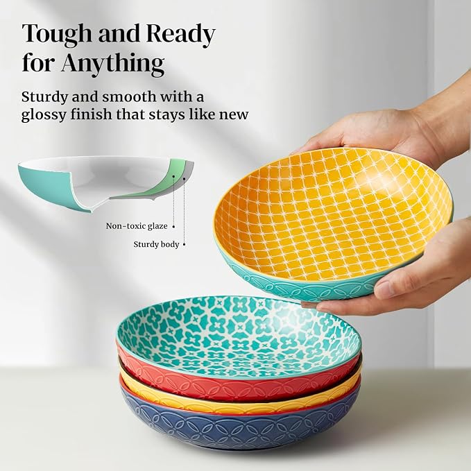 DOWAN 8.5" Vibrant Pasta, Salad & Soup Serving Bowls Set of 4, Embossed Large - Image 4