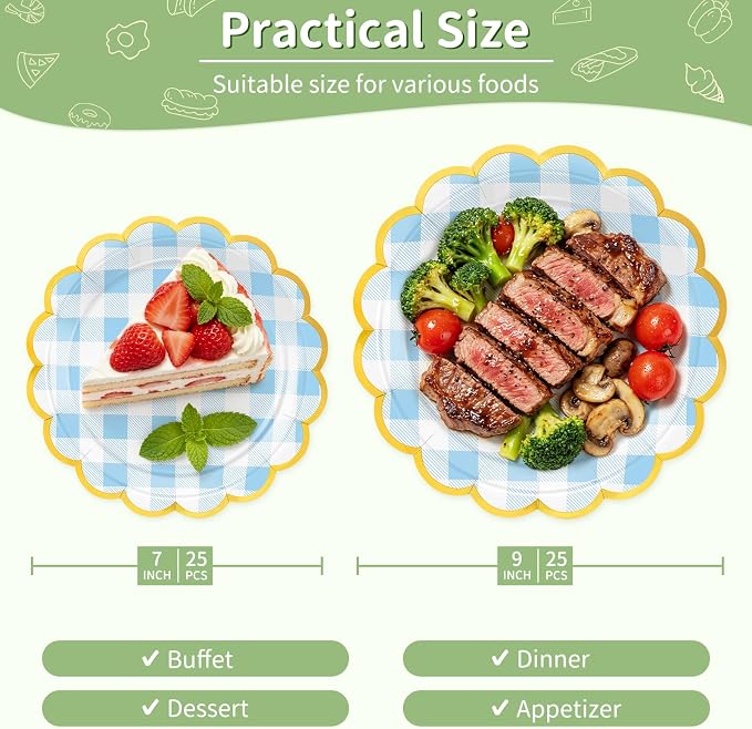 50 Pcs Blue Gingham Paper Plates Disposable, Dessert Cake Plates, - Image 2