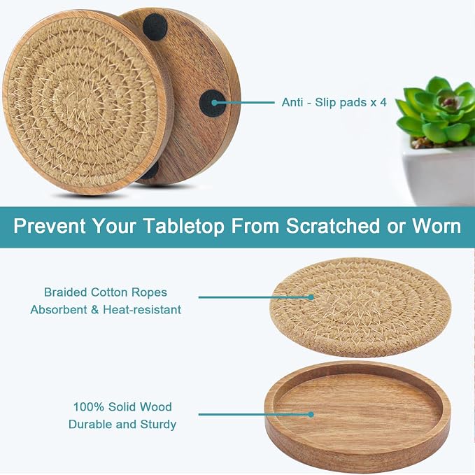 Eykao Wood Coasters for Drinks, Absorbent Coaster Sets of 8, Woven Drink - Image 5