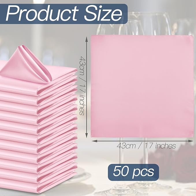 P Pothuiny 50 Pcs Pink Satin Napkins 17 x 17 Inch, Satin Cloth Napkins | Square - Image 2