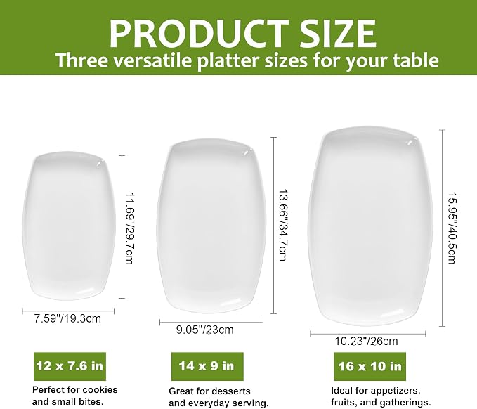 fMBB Large Serving Platter Set of 3, 16/14/12 Inch Porcelain Rectangular - Image 2