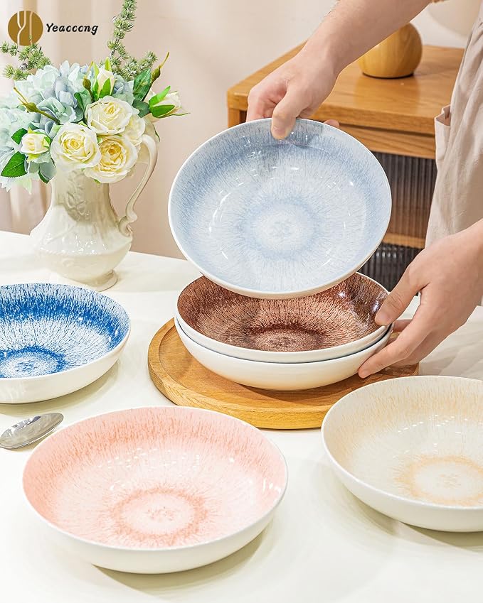 Yeacccng Pasta Bowls Set of 6, 8.7 Inch 39 Oz Colorful Reactive Glaze Ceramic - Image 4