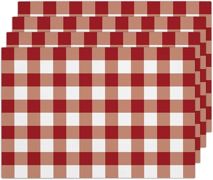 Red and White Check Plaid Placemats Set of 4, Washable Heat Resistant Placemats by RLCNOT