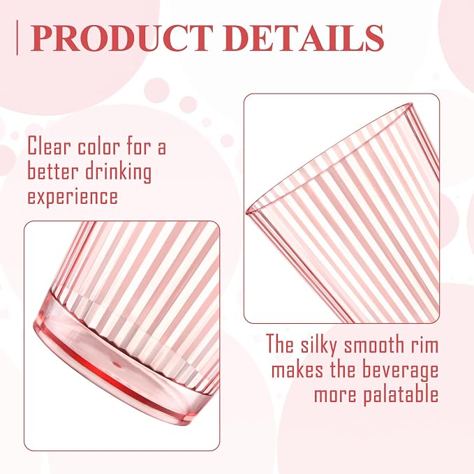 12 PCS Plastic Ribbed Drinking Glasses Pink 10oz Vintage Ripple Stemless Wine - Image 3