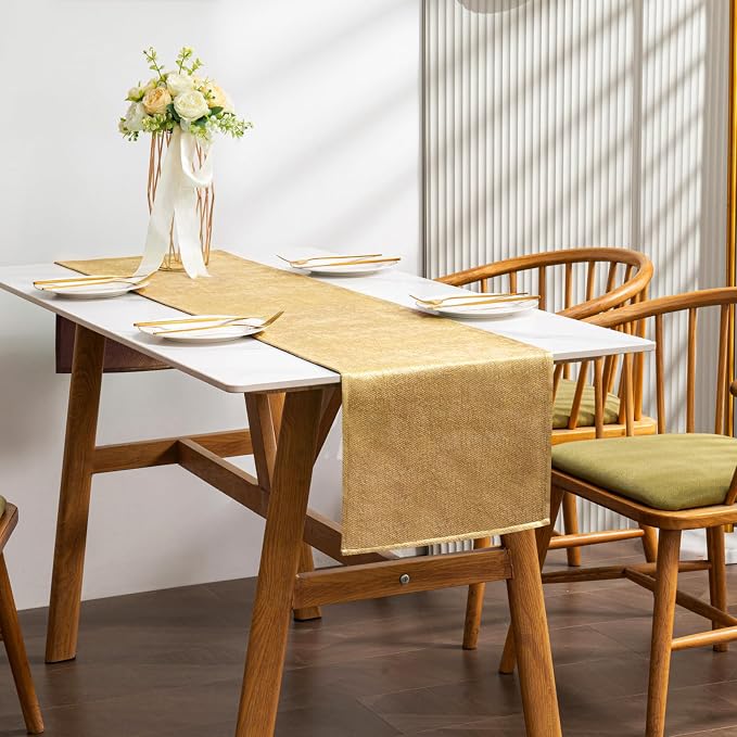 BALCONY & FALCON Table Runner Faux Linen Gold 14"x118" | Waterproof, by BALCONYFALCON