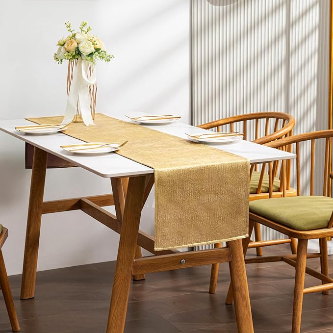 BALCONY & FALCON Table Runner Faux Linen Gold 14"x95" | Waterproof, Thanksgiving by BALCONYFALCON