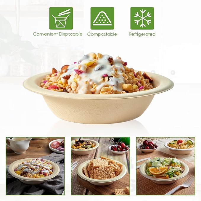 Vplus 200 Pack 16 OZ Compostable Paper Bowls, Bagasse Bowls，Nature | Disposable - Image 6