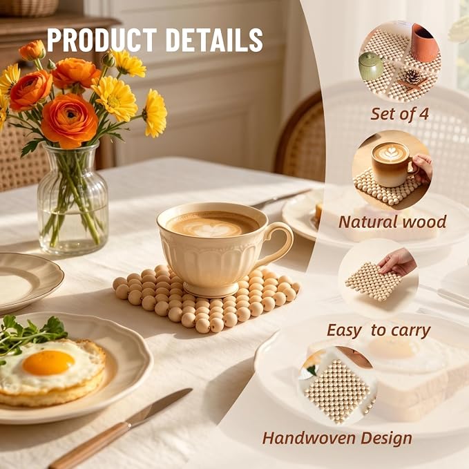 Wooden Bead Coaster, Natural Wood, Square Shape, Boho Style, Table Surface - Image 4