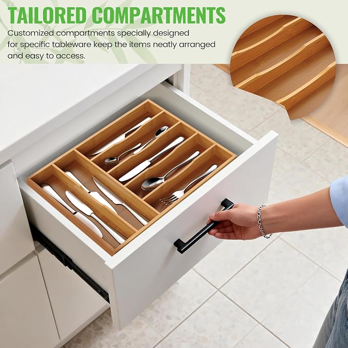 Bamboo Silverware Organizer, 12 Inch Bamboo Kitchen Drawer Cutlery Organizer - Image 6