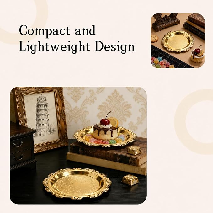 Round Gold Tray, Serving Platters, Vintage Metal Dessert Snack Platter - Image 4