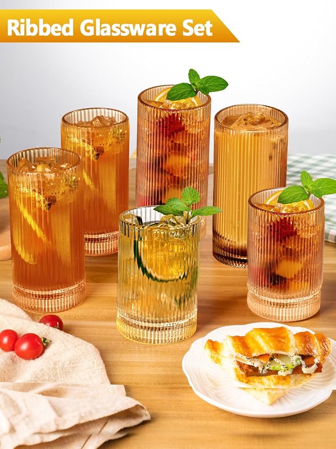 Amber Glassware Ribbed Drinking Glasses Set of 8, Vintage Glassware Set - Image 3