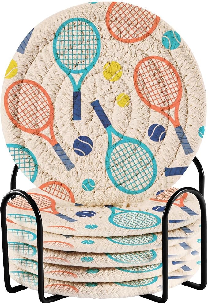 Tennis Balls Print Coasters for Drinks Set of 6 Absorbent Woven Drink Coaster by Unknown