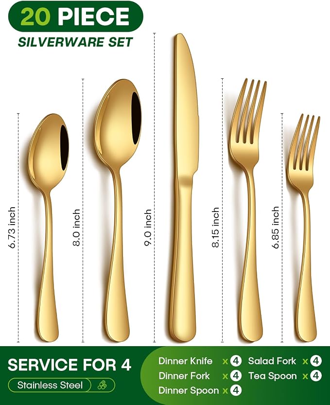 PHILIPALA 20 Piece Gold Silverware Set, Stainless Steel Flatware Set - Image 2