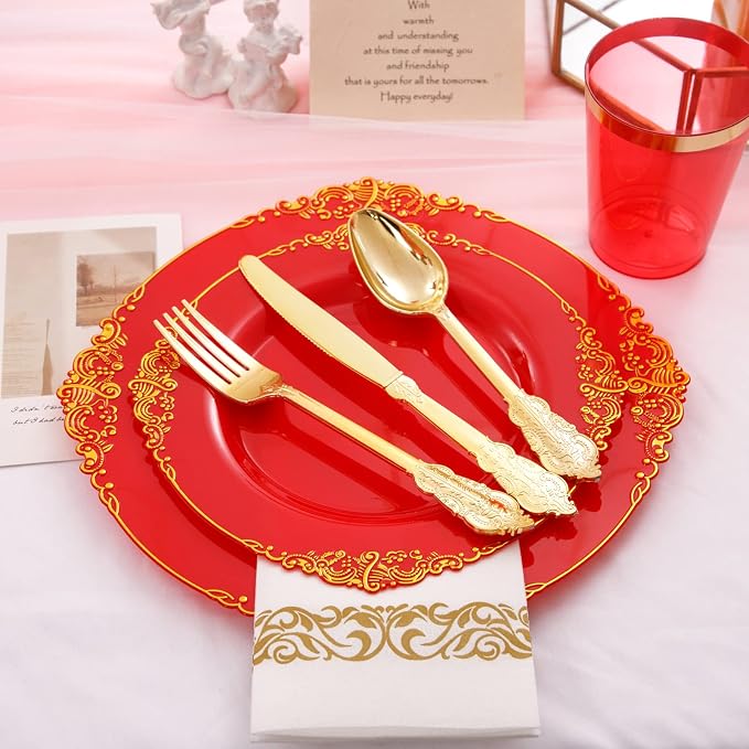 Morejoy 175PCS Red Plastic Plates, 25 Silverware Sets, 25 Cups, 25 Napkins - Image 2
