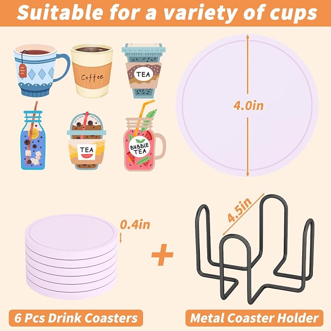 Azhou 6Pcs Drink Coaster with Holder, Lavender Absorbent Coasters - Image 3