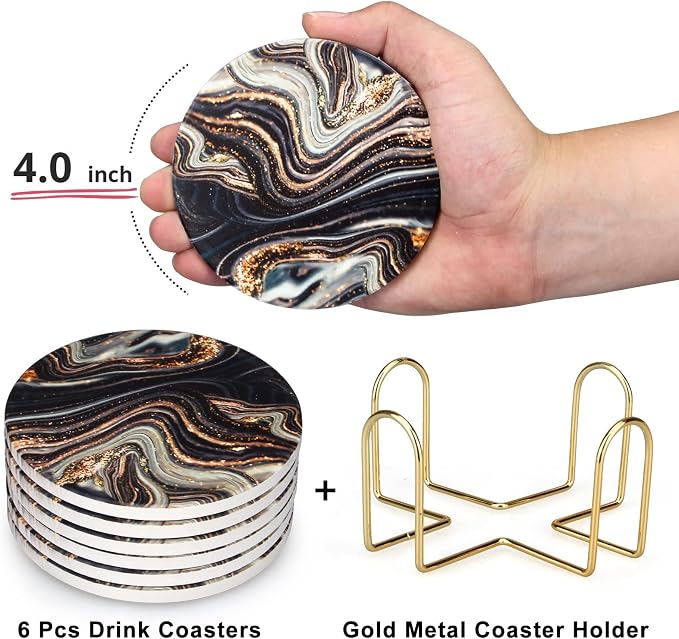6 Pcs Black and Gold Marble Coasters - Image 2