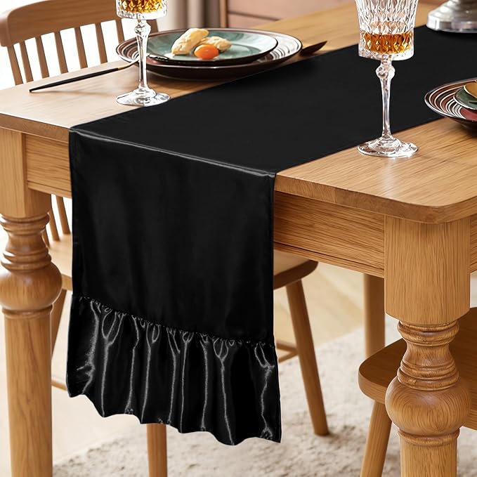 2 Pack Black Satin Table Runner 12 x 108 Inch | Ruffle Design, Luxurious Dining - Image 2