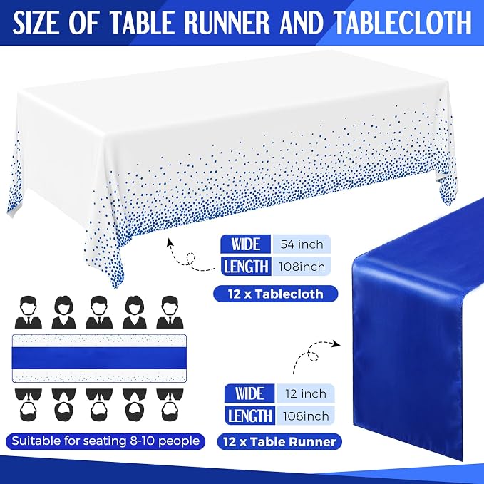 24 Pack Royal Blue Disposable Plastic Tablecloths and Satin Table Runner Set - Image 2