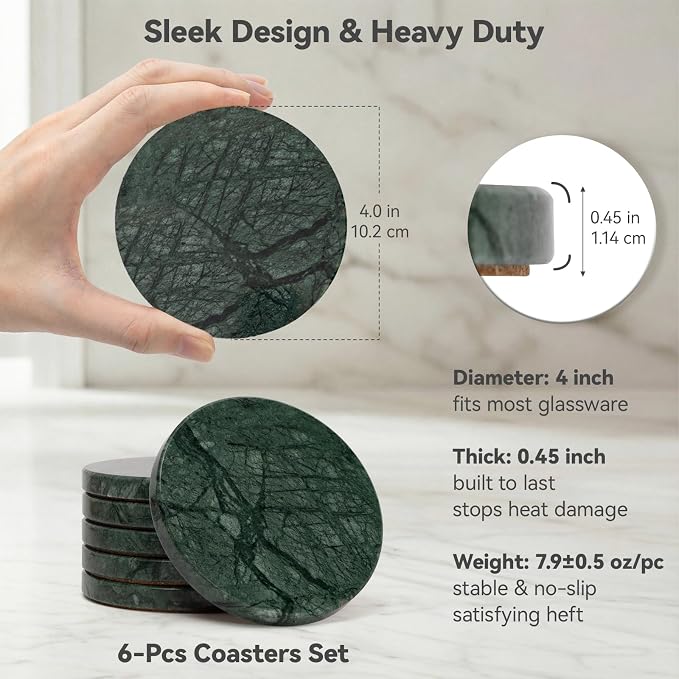 Dark Green Marble Coasters Set of 6, Modern Luxury Drink Coaster - Image 4