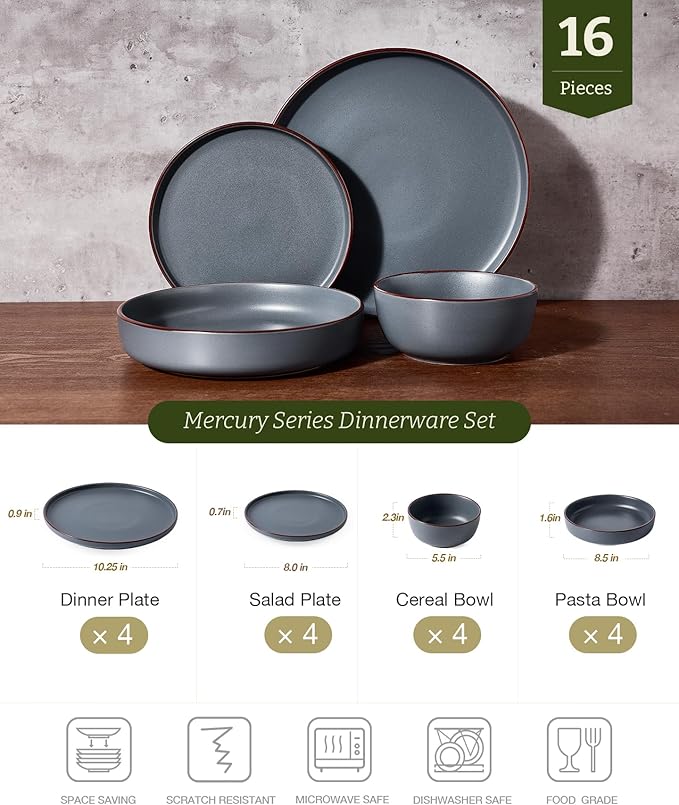 Famiware Mercury 16-Piece Stoneware Plates and Bowls, Charcoal | Dinnerware Set - Image 2