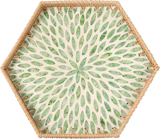 Hexagon Rattan Tray with Mother of Pearl Inlay, Rattan Serving Tray by Tynulox